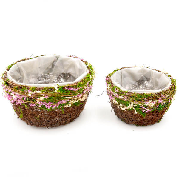 Set of 2 | Rustic Twig & Moss Round Planter Box with Pink Flower Decor - 8Inch