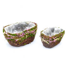 Set of 2 | Oval Preserved Natural Twig Centerpiece Planter Baskets With Moss & Dried Flower Decor, 10Inch