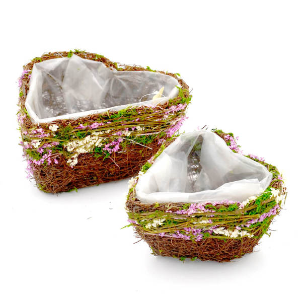 Set of 2 | Natural Twig Green Heart Preserved Moss Flower Planter Box