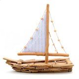 Coastal Pine Wood Sailing Boat Sculpture With Stand, Blue, 18Inch