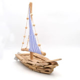 Coastal Pine Wood Sailing Boat Sculpture With Stand, Blue, 18Inch