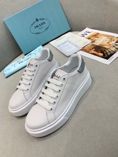 Prada Women's Shoes White Leather Sneakers Grey Tailed