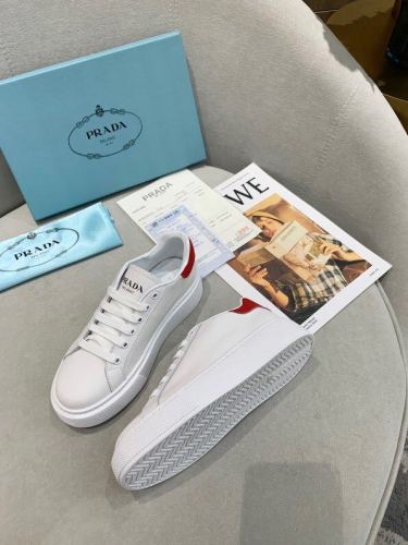 Prada Women's Shoes White Leather Sneakers Red Tailed
