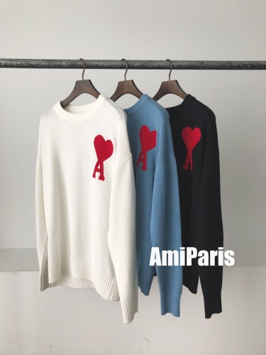 Ami Paris Couple Red Peach Heart A Wool Embroidered Round Neck Wool Sweater