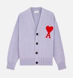 Ami Paris Unisex Red Peach Heart Eiffel Tower A Letter Wool Embroidered V-neck Wool Cardigan