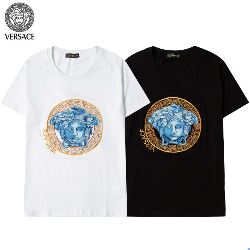 Versace Audale Fabric Gold Border Short Sleeve Blue Medusa Portrait T-Shirt