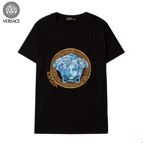 Versace Audale Fabric Gold Border Short Sleeve Blue Medusa Portrait T-Shirt