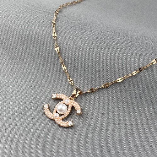Chanel Double C Inlaid Pearl Pendant Rose Gold Necklace