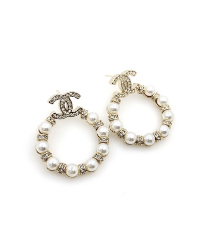 Chanel Black Round Double C Diamond Pearl Stud Earrings