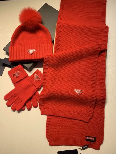 Prada Unisex Fashion Three Piece Wool Suit Fox Fur Hat Scarf Gloves