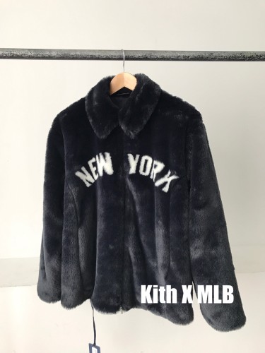 Kith Joint MLB NEW YORK Letters Fur Coat Jacket Dark Blue