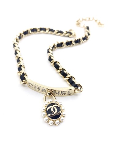 Chanel Logo Pearl Pendant Black Leather Necklace