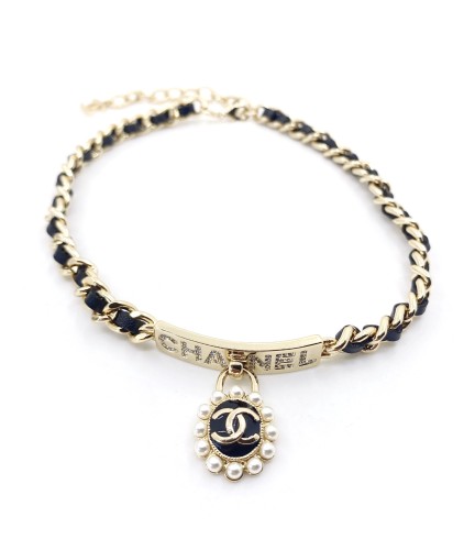 Chanel Logo Pearl Pendant Black Leather Necklace