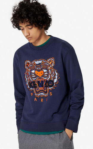 Kenzo Men's Dark Blue Black Letter Tiger Head Round Neck Sweatshirt