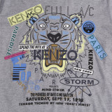 KENZO Men Graffiti Flower Grey Tiger Head Round Neck Short Sleeve T-Shirt