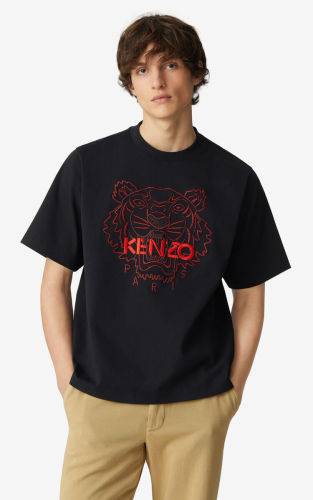 Kenzo Men Women Red Letter Embroidered Tiger Head Short Sleeve T-Shirt
