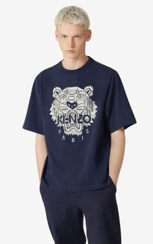 Kenzo Men Women Blue Embroidered Tiger Head Short Sleeve T-Shirt