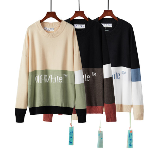 OFF White Men's New Contrasting Color Stitching Logo Print Long Sleeve Sweater