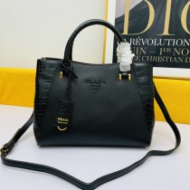 Prada Palm Grain Leather Classic Logo Satchel Handbag Black Size: 30-23-14cm