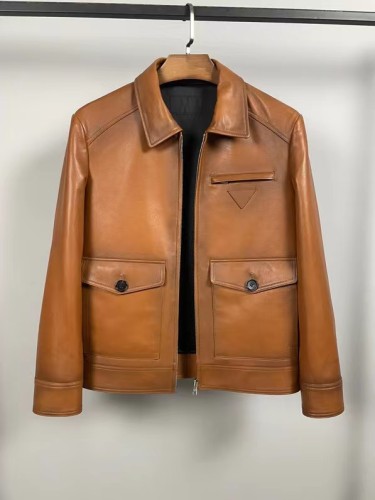 Prada Classic Men Retro Brown Leather Lapel Jacket Coat