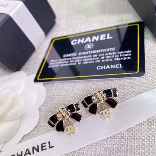 Chanel Black White Bow Double C LOGO Stud Earrings