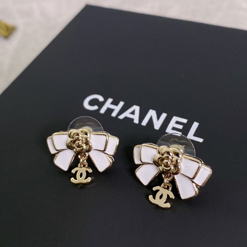 Chanel Black White Bow Double C LOGO Stud Earrings