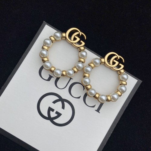 Gucci New Double G Circle Pearl Stud Earrings