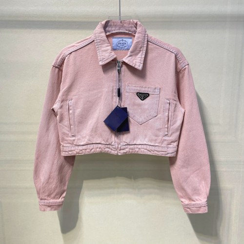 Prada Classic Women Pink Jacket Top Logo Printed Denim Jacket