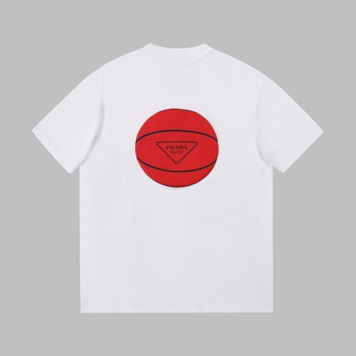 Prada Classic Basketball Pattern Printed Cotton T-Shirt Loose Crewneck Pullover Athleisure Top
