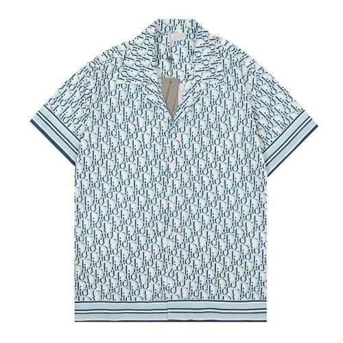 Dior NEW Blue/White Colorblock Print Logo Short Sleeve Loose Fashion Cotton Shirt