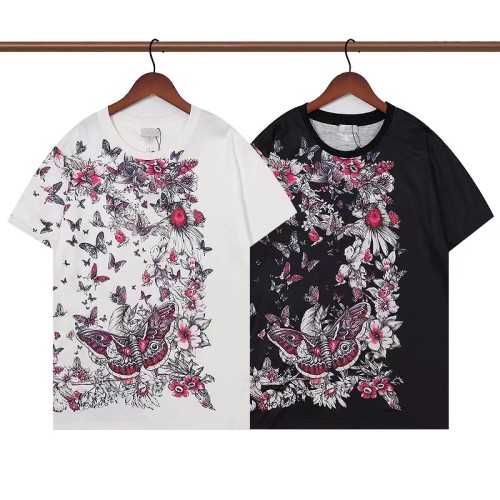 Dior Summer New Butterfly Flowers Print Short Sleeve Casual Crew Neck Cotton T-Shirt