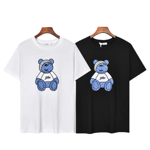 Dior Unisex Patch Embroidery Print short Sleeve Cotton Bright Blue Bear Print LOGO T-Shirt