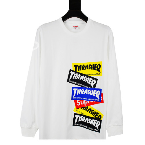 Supreme Cotton Short T-shirt Men 21FW Thrasher Multi Logo Tee Long Sleeve