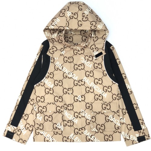 Gucci x Balenciaga Unisex Full Zip Hoodies Full Logo Print Color-Block Panel Trench Coat