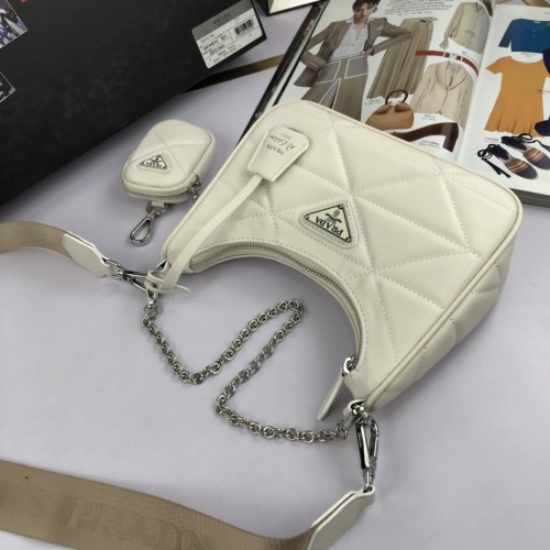 Prada Full Leather Embroidery/Nylon Hobo Handle/underarm Bag Long Shoulder Strap White 22*17*6.5 cm
