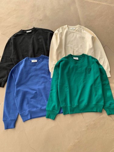 Ami Paris Casual Cotton Pullover Unisex  T-shirt Men's Crewneck Long Sleeve Solid Colors Tshirts