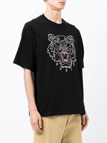 Kenzo Men Women Embroidered Tiger Head Short Sleeve Cotton T-Shirt Crewneck Unisex T-Shirts