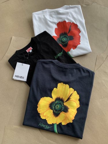 Kenzo Men Women Printed Poppy Flower Short Sleeve Cotton T-Shirt Crewneck Unisex TShirts Men's Casual Tshirt  Summer Beach