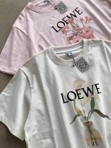 Loewe Women's Short Sleeve T-Shirt Cotton Crewneck T shirts Printed Casual T-shirts White  Pink Size
