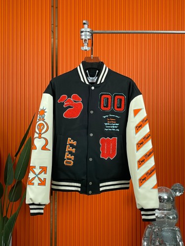 OFF WHITE Embroidered Leather Jacket Woollen Spliced Jacket