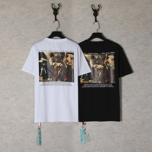 Off-White Cotton Short Sleeve Top Religious Oil Painting Casual Loose T-Shirt