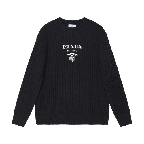 Prada Unisex Casual Round Neck Pullover Wool Blended LOGO Jacquard Sweatshirt