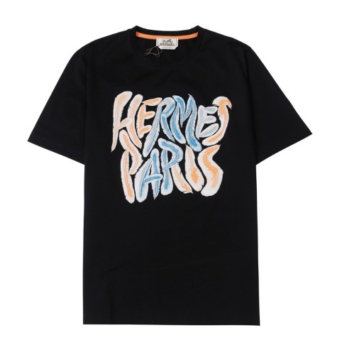 Hermes Men Casual Feather Font Printing Cotton T-Shirt