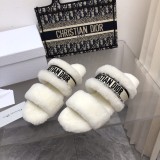 Dior Classic Woolen Slippers Embroidered Stripe Logo Fluff Lining Flat Slippers