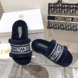 Dior Classic Woolen Slippers Embroidered Stripe Logo Fluff Lining Flat Slippers