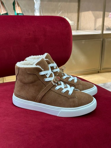 Hermes Unisex Fashion Leather Lambwool High Sneakers Shoes