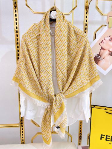 Fendi Fashion Double Sided Logo Jacquard Fringed Yellow Scarf Shawl Sizes:140m*140cm