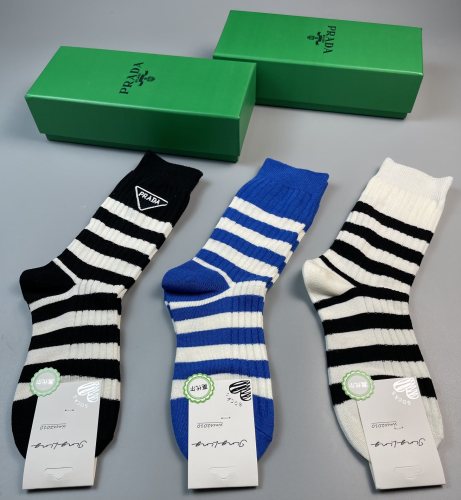 Prada Unisex Fashion New Cotton Breathe Stripes Socks 3 Pairs/Box