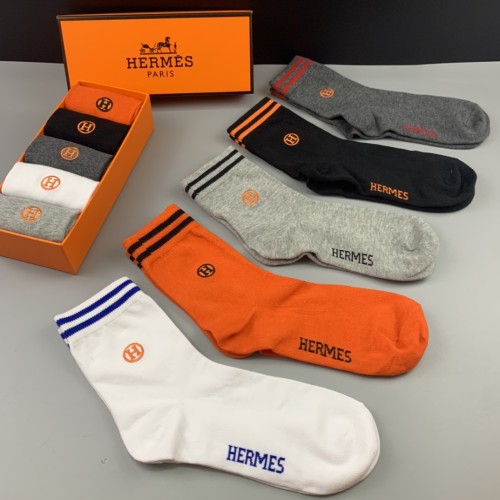 Hermes Classic New Fashion Cotton Medium Men's Socks 5 Pairs/Box
