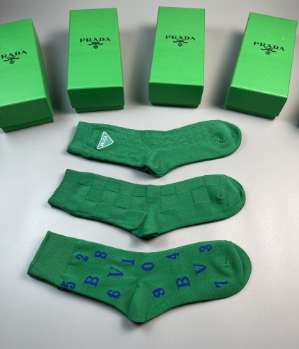 Prada Unisex Fashion New Cotton Breathe Green Socks 3 Pairs/Box
